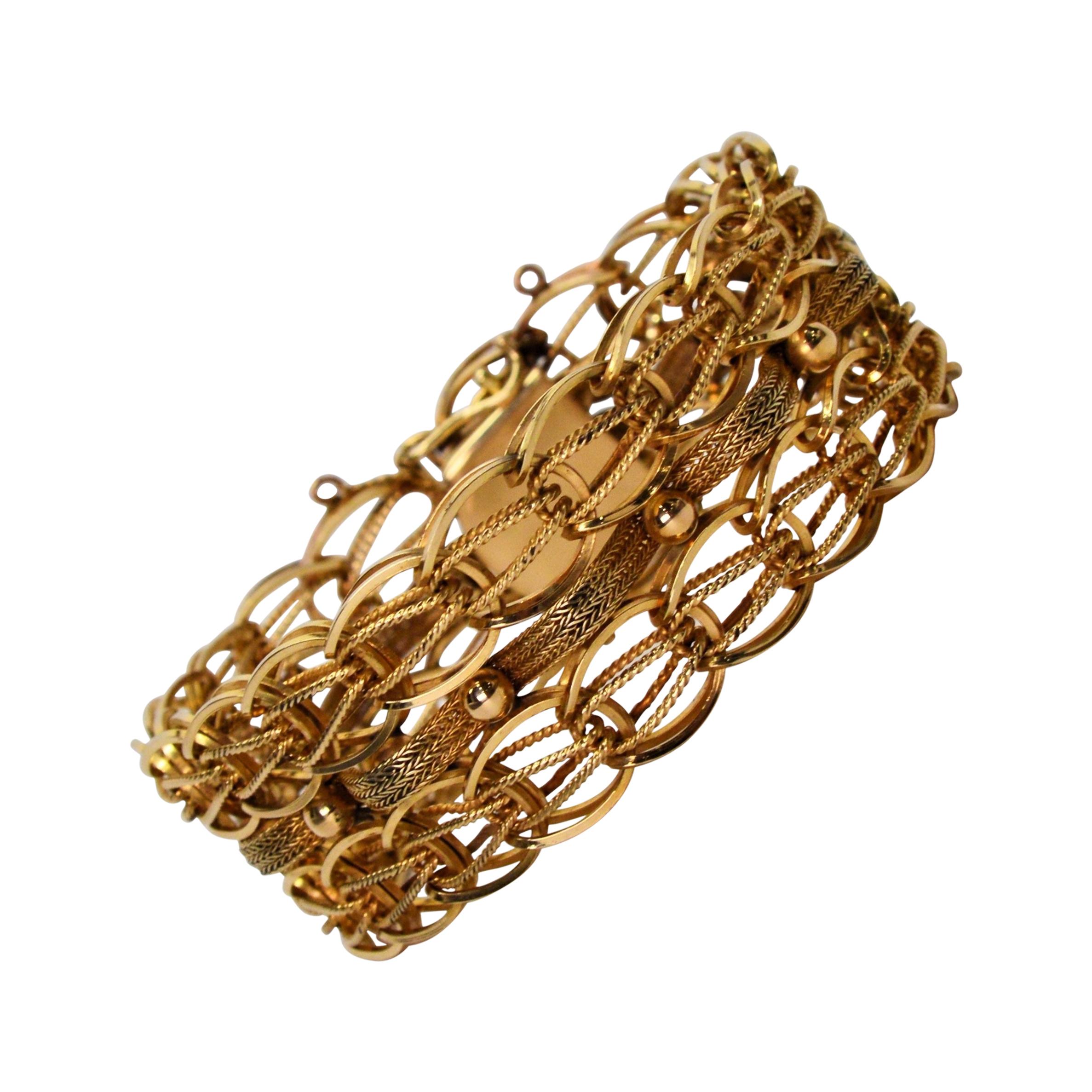 Woven 14 Karat Yellow Gold Wide Link Chain Retro Bracelet