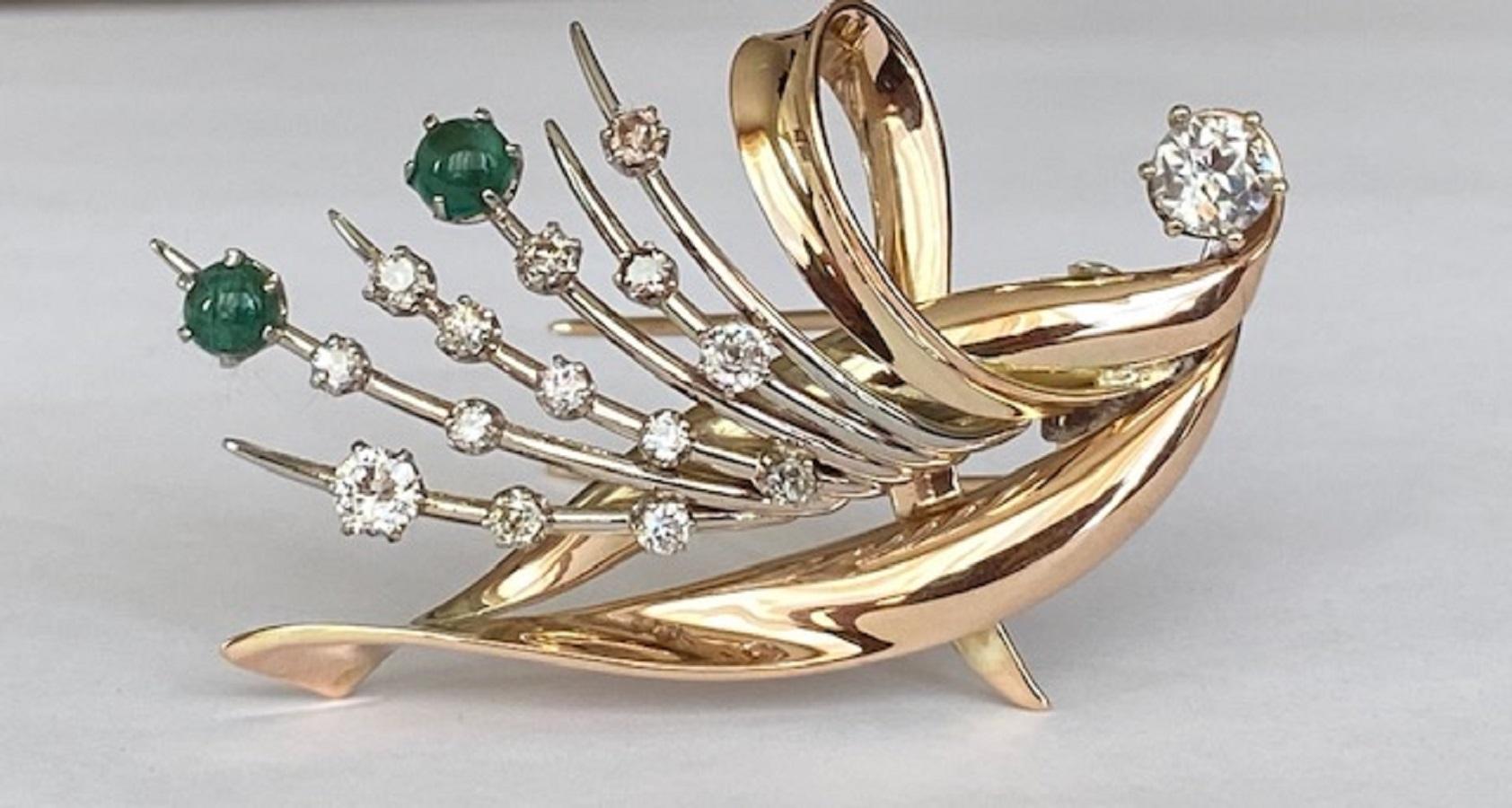Old Mine Cut Retro Yellow 14 Karat Gold Brooch with Diamonds and Emeralds For Sale