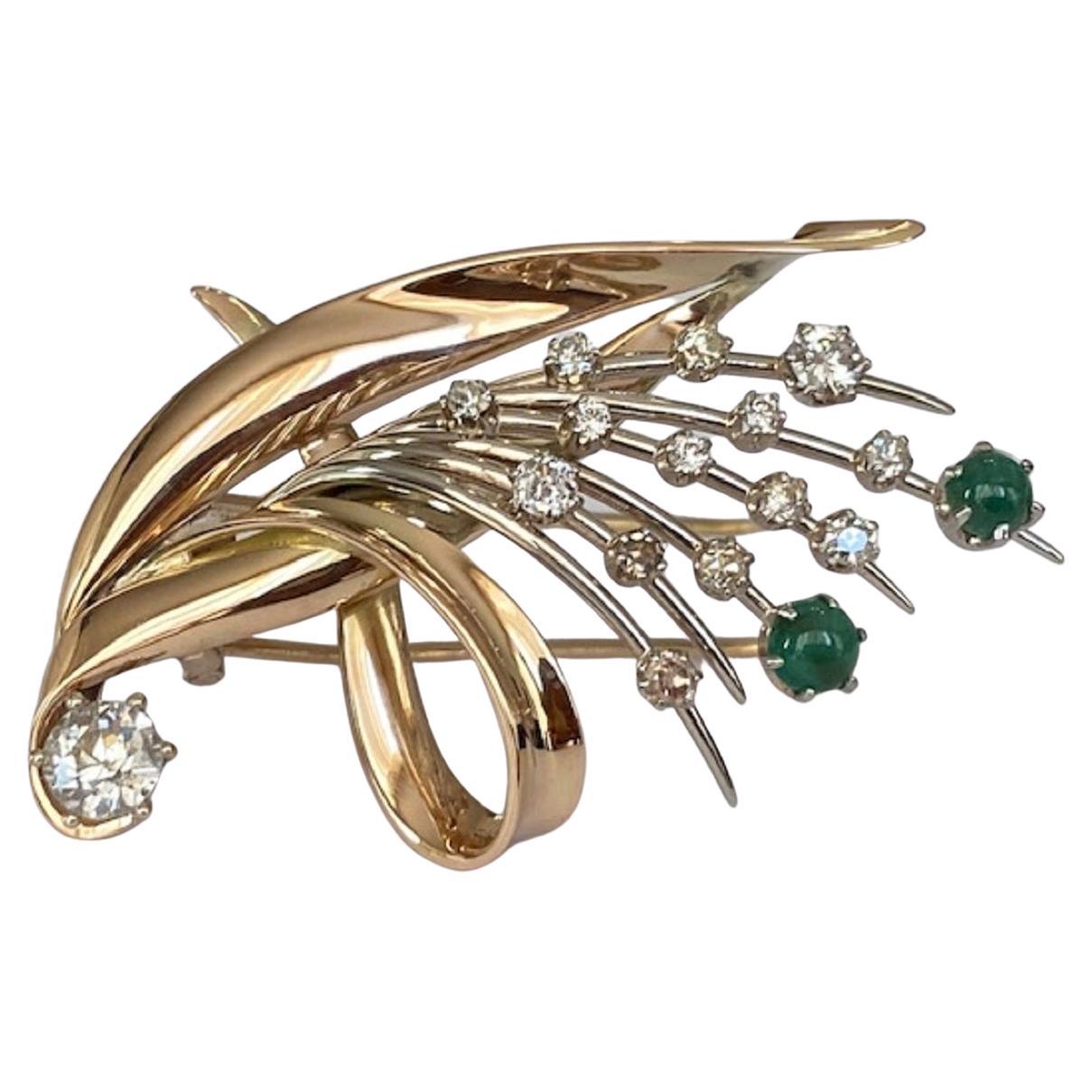 Retro Yellow 14 Karat Gold Brooch with Diamonds and Emeralds