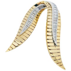 Retro Yellow and White Gold Baguette Diamond Brooch