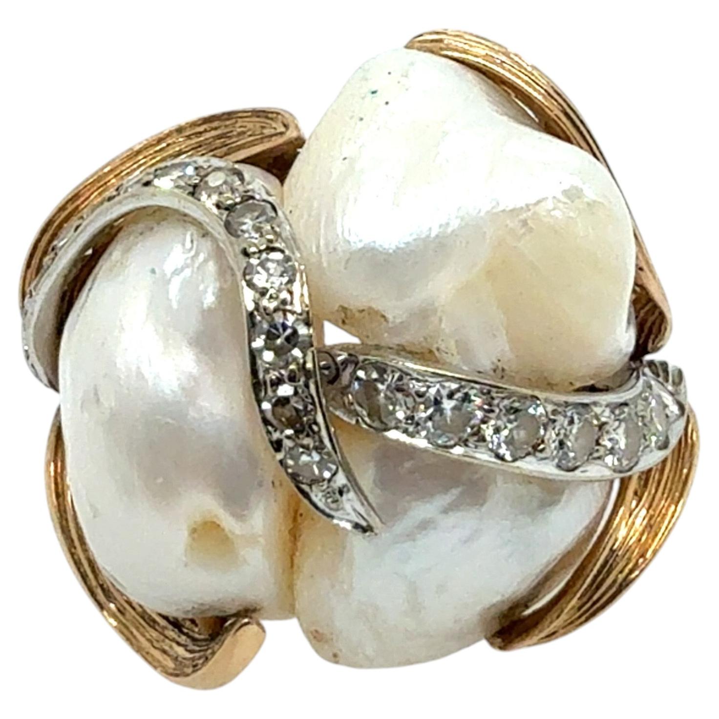 Retro Yellow Gold 0.75 Carat Natural Diamond and Pearl Cocktail Ring Circa 1960