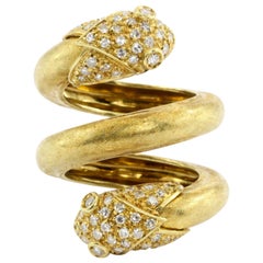 Retro Yellow Gold and Diamond Double Headed Snake Ring, circa 1970s Retro Yellow Gold and Diamond Double Headed Snake Ring, circa 1970s