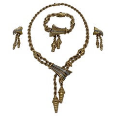 Retro Yellow Gold and Diamond Tassel Necklace, Bracelet & Earrings Set
