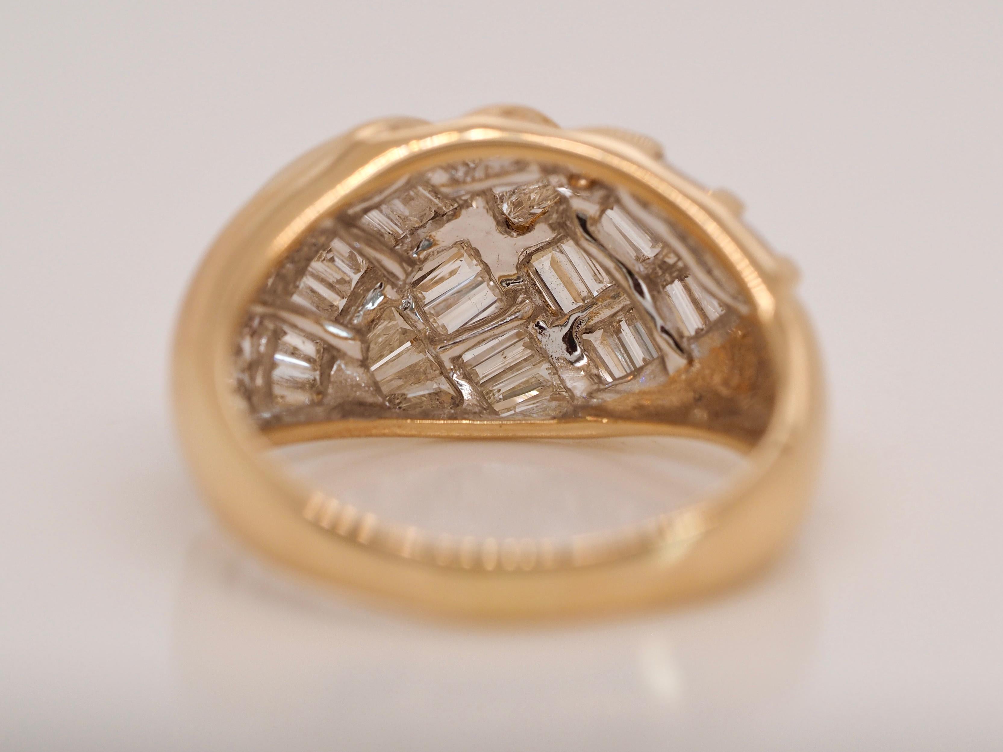 Baguette Cut Retro Yellow Gold Baguette Diamond Dome Ring For Sale