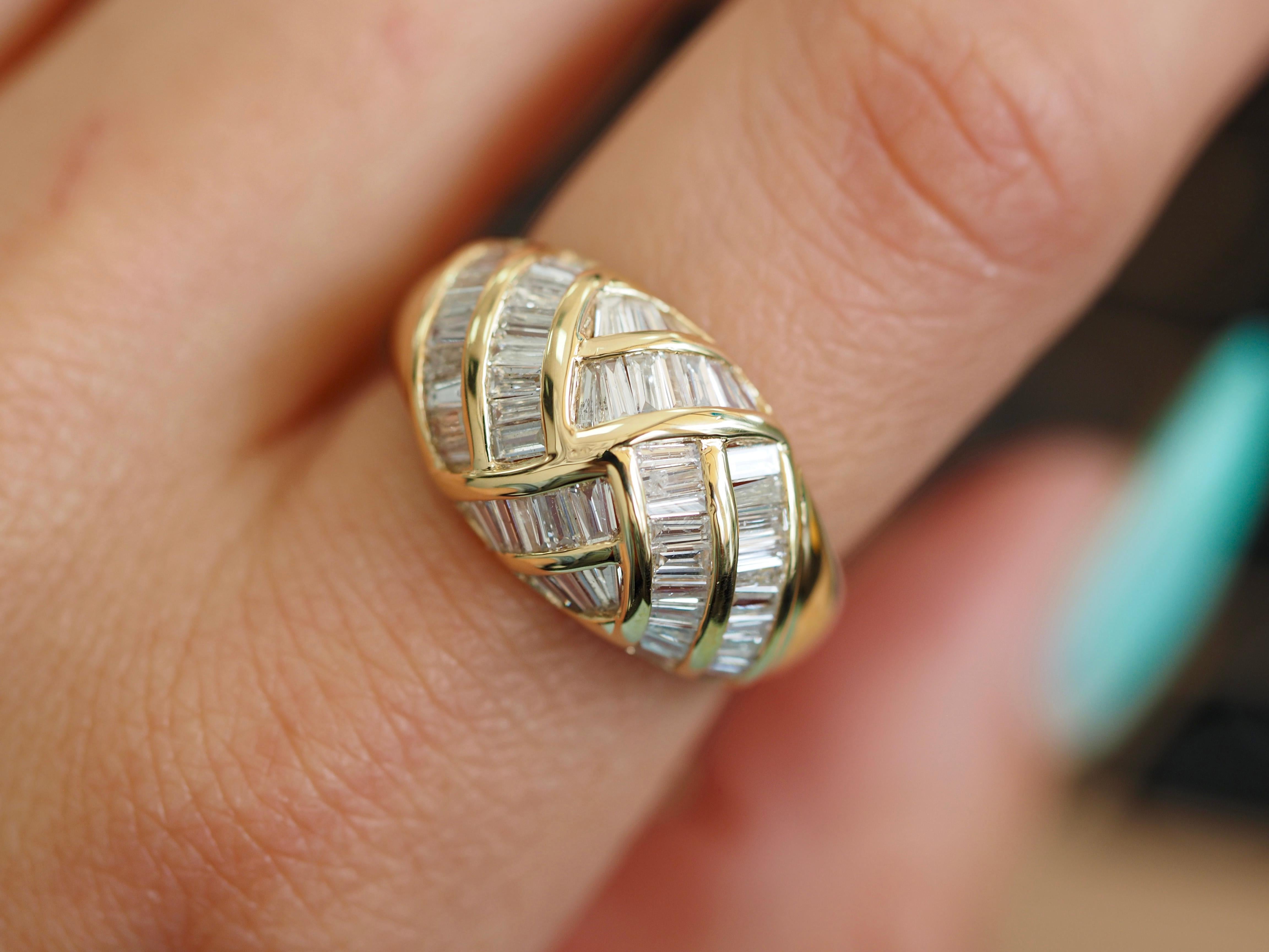 Retro Yellow Gold Baguette Diamond Dome Ring In Excellent Condition For Sale In Addison, TX