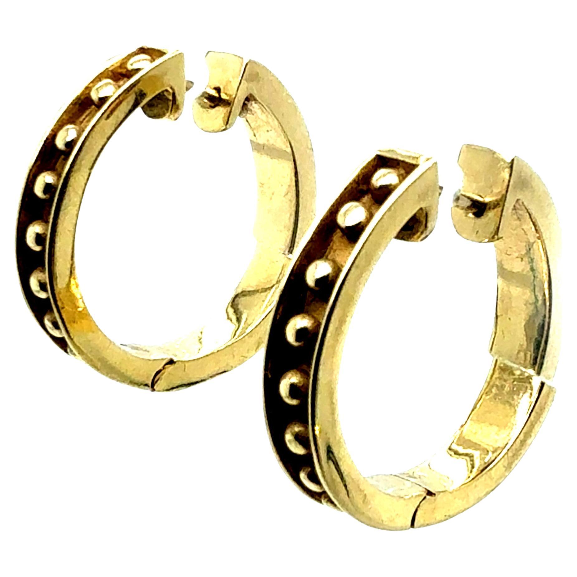 Retro Yellow Gold Beaded Hoop Earrings 20 mm Diameter For Sale
