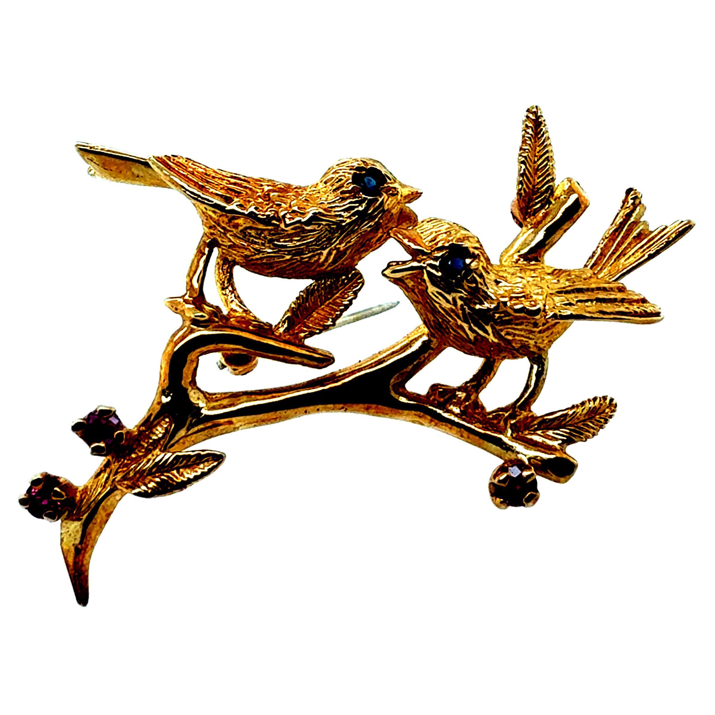 Broche Retro de Oro Amarillo Pájaros en una Rama Gema Circa 1985