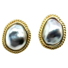 Retro Yellow Gold Black Tahitian Baroque Pearl Earrings Circa 1995