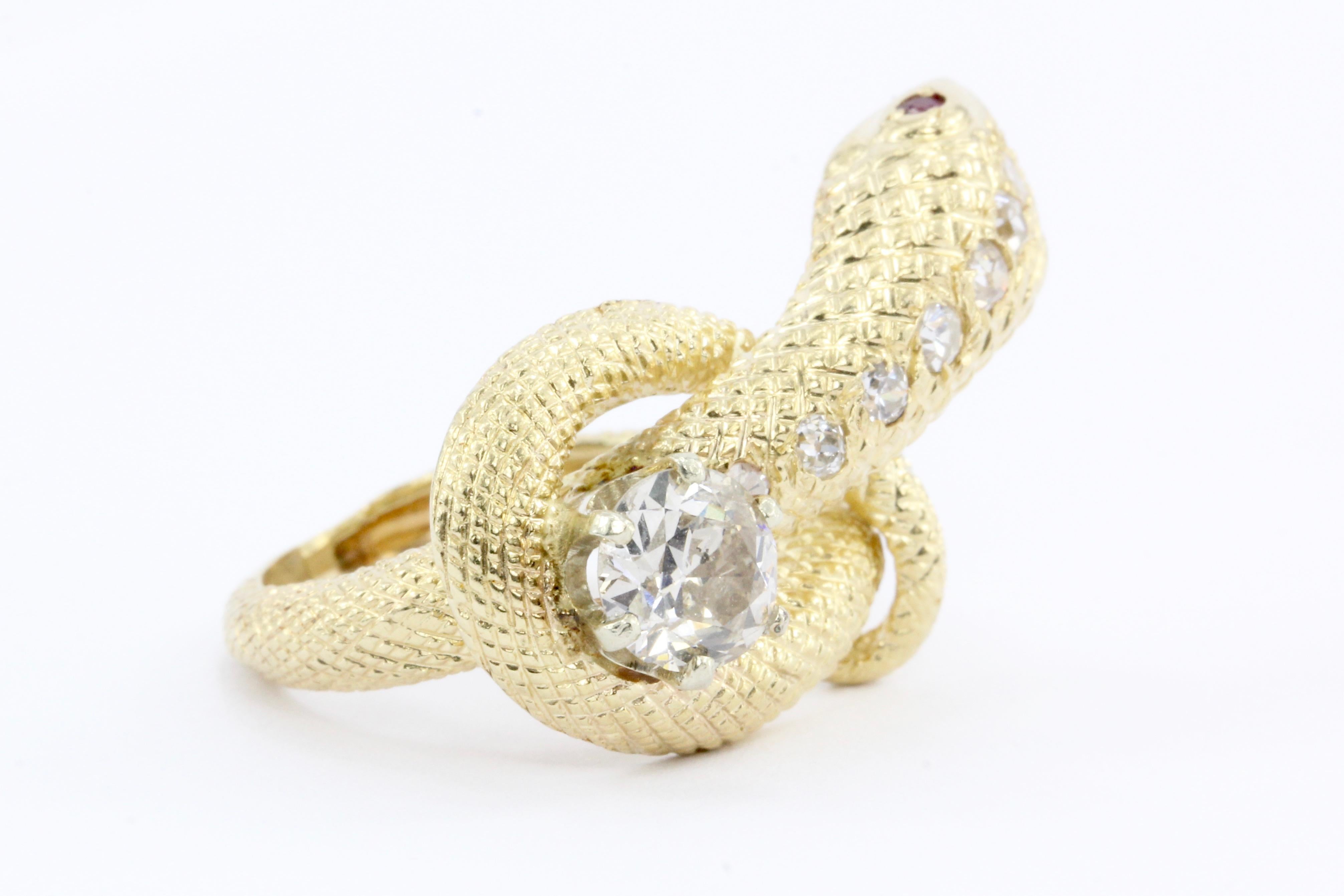 Old European Cut Retro Yellow Gold Champagne Diamond and Ruby Coiled Snake Ring, circa 1950s