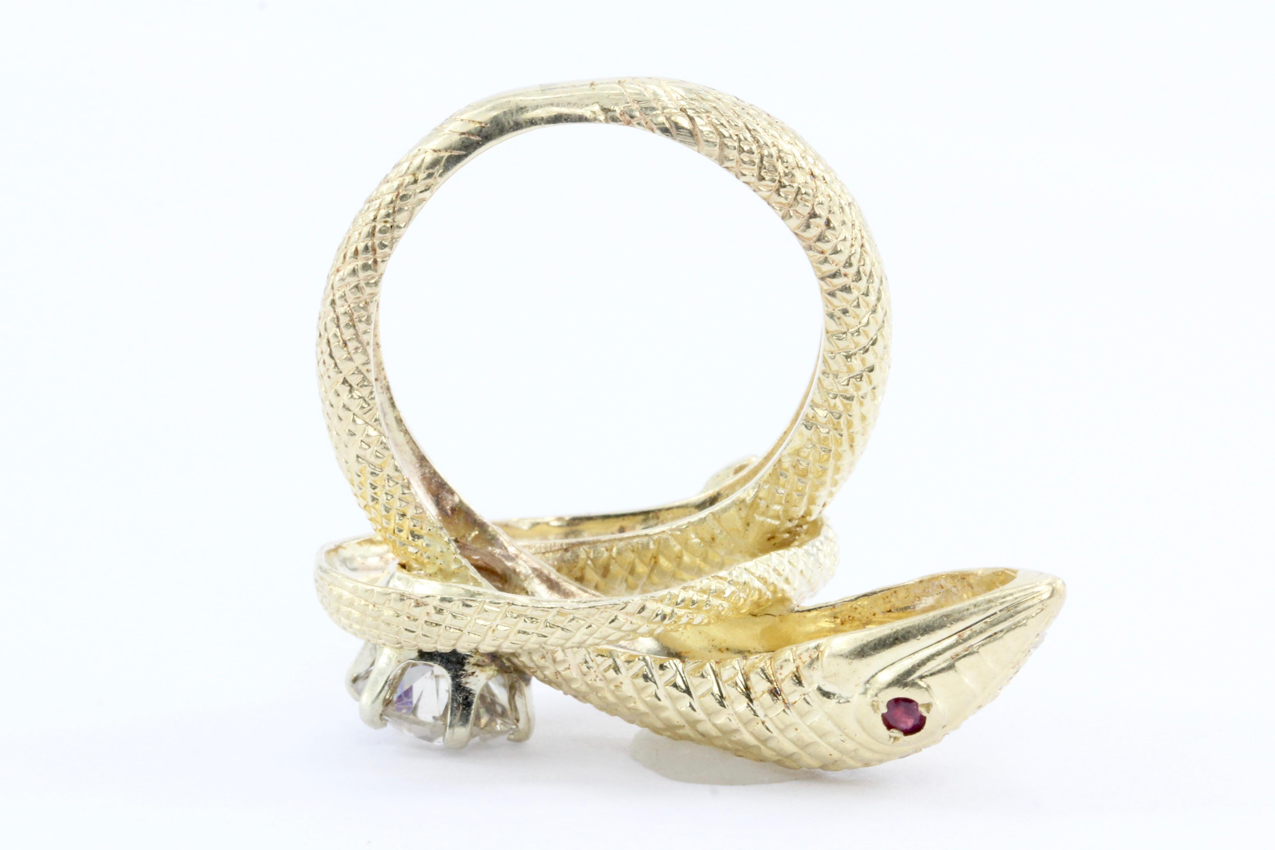 Women's Retro Yellow Gold Champagne Diamond and Ruby Coiled Snake Ring, circa 1950s