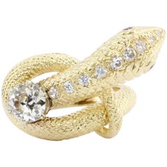 Retro Yellow Gold Champagne Diamond and Ruby Coiled Snake Ring, circa 1950s