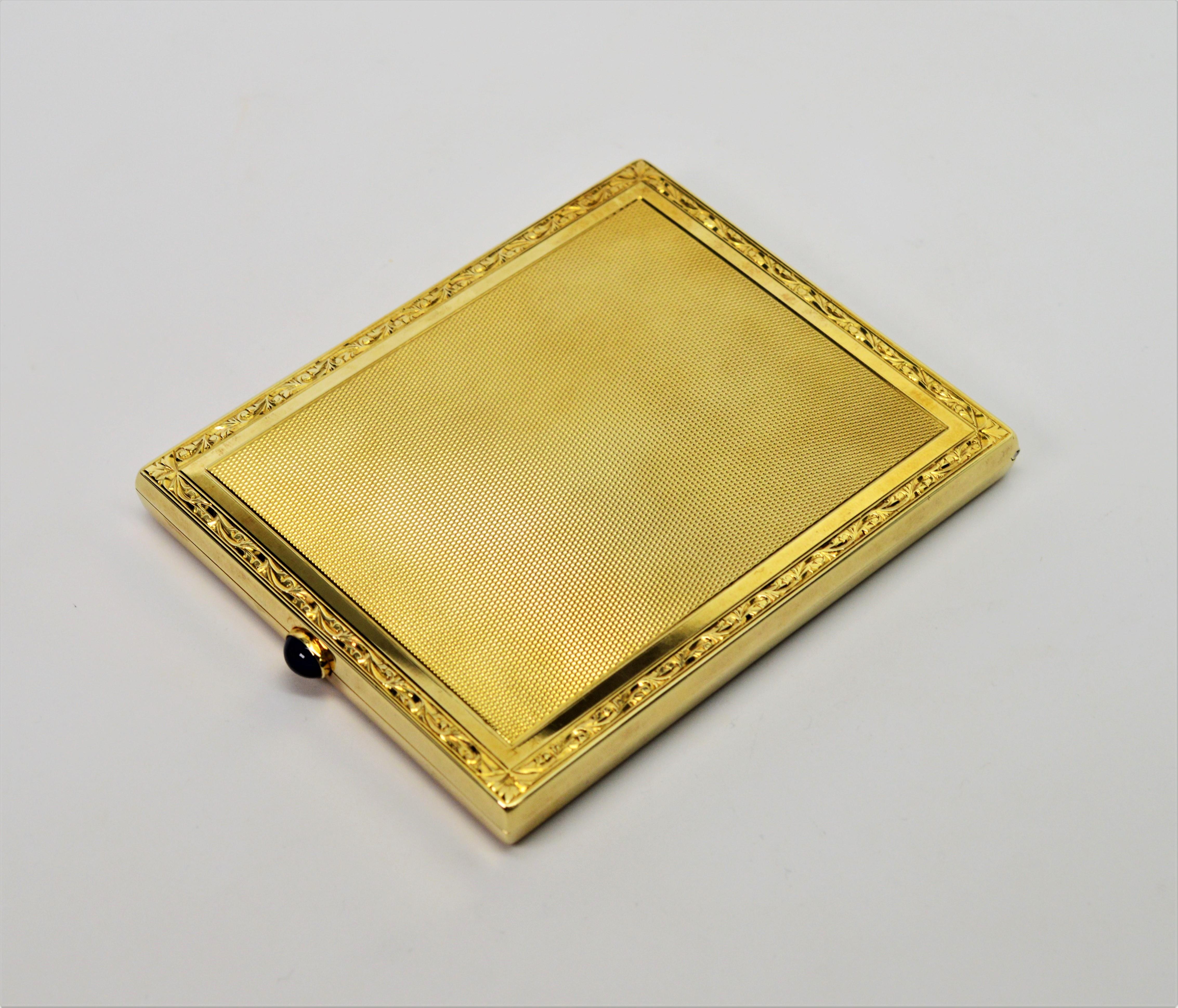 Impressive, in original condition, uncleaned with original toning, this minty fourteen carat 14K yellow gold retro cigarette case is quite the find. Measuring 4 inches long by 3-1/4 inches wide by 3/8 inch deep, the case's quality and fine condition