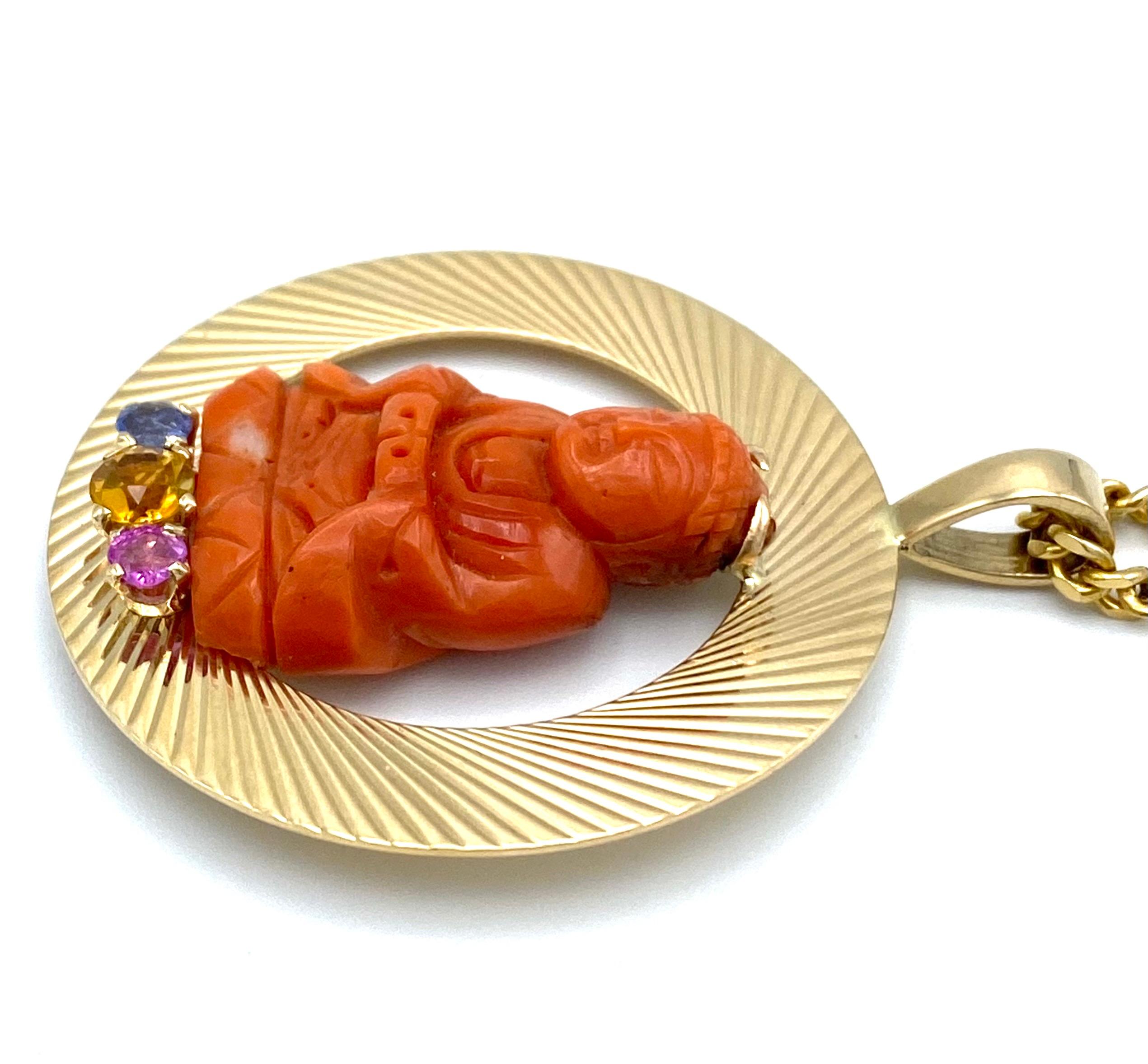Women's or Men's Retro Yellow Gold Coral and Gemstones Buddha Pendant w/ Link Chain Necklace 