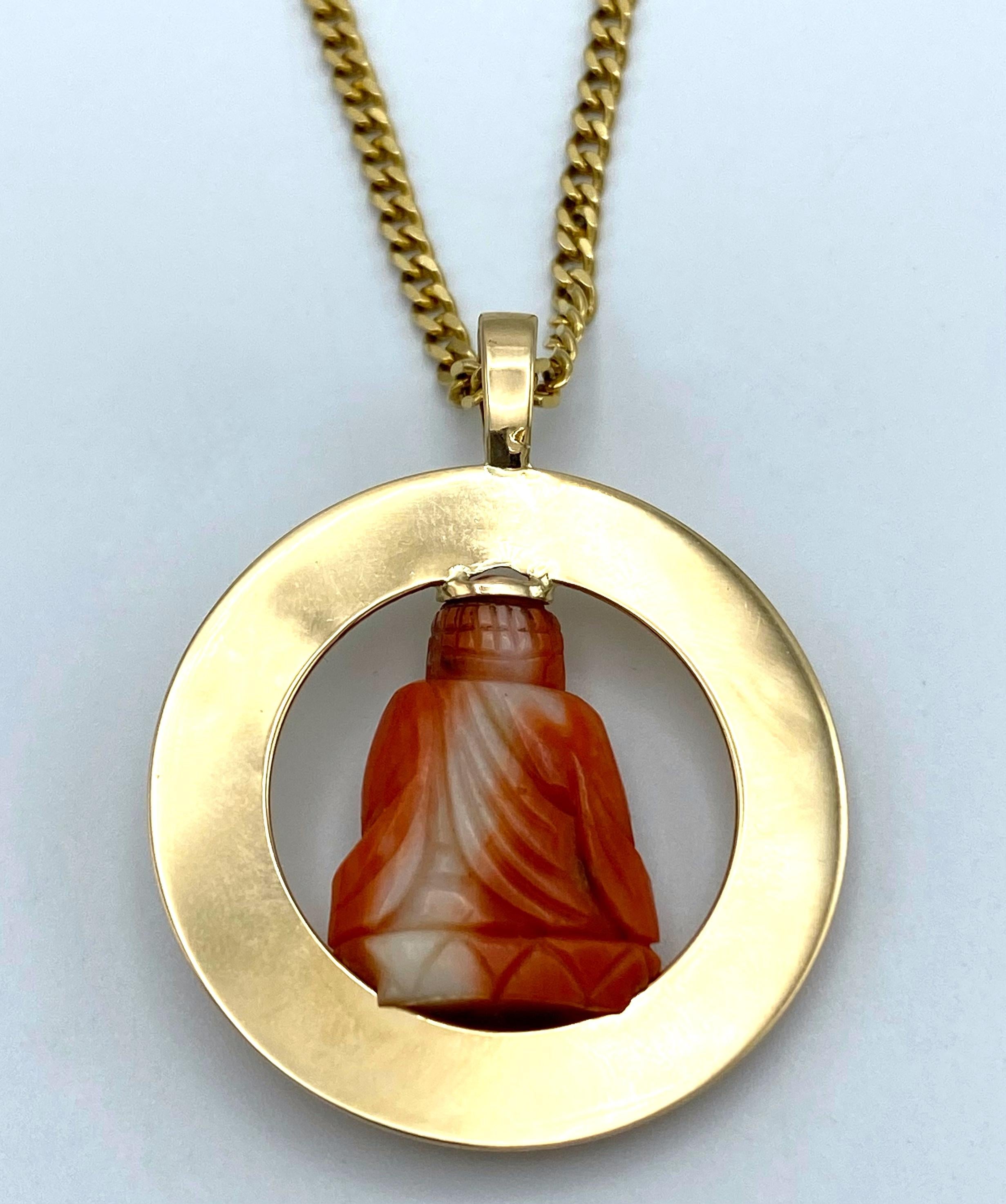 Retro Gelbgold Koralle und Edelsteine Buddha Anhänger mit Gliederkette Halskette  1