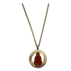 Retro Yellow Gold Coral and Gemstones Buddha Pendant w/ Link Chain Necklace 
