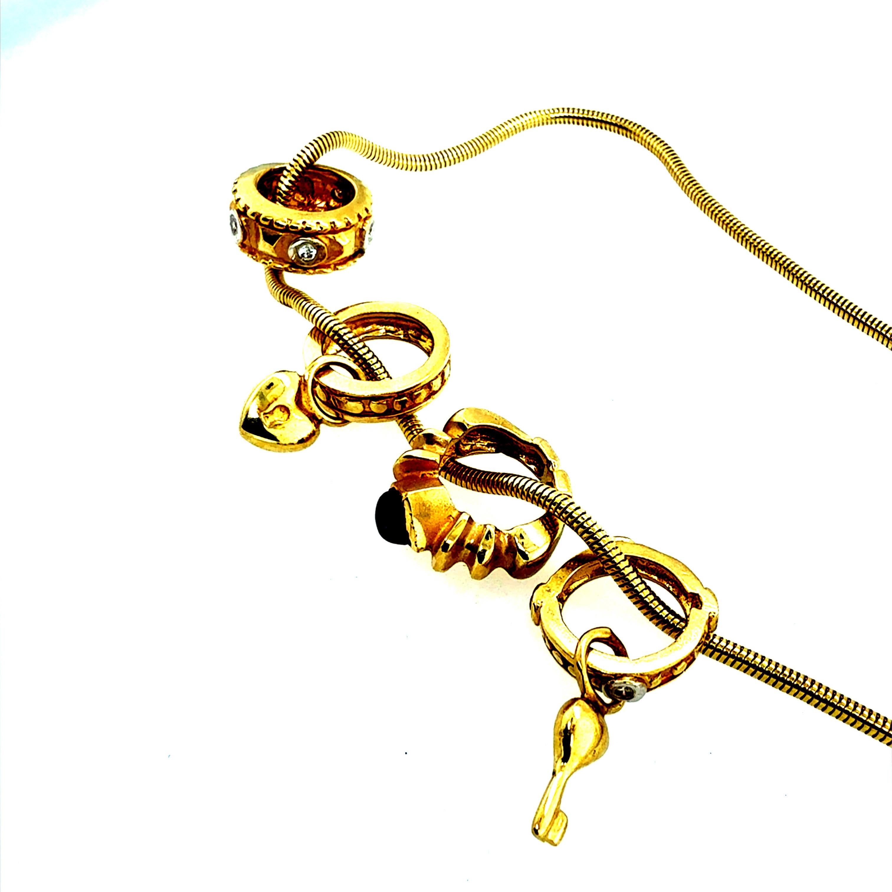 Retro Yellow Gold Designer Gemstone Charm Statement Necklace Circa 1980 In Good Condition For Sale In Los Angeles, CA