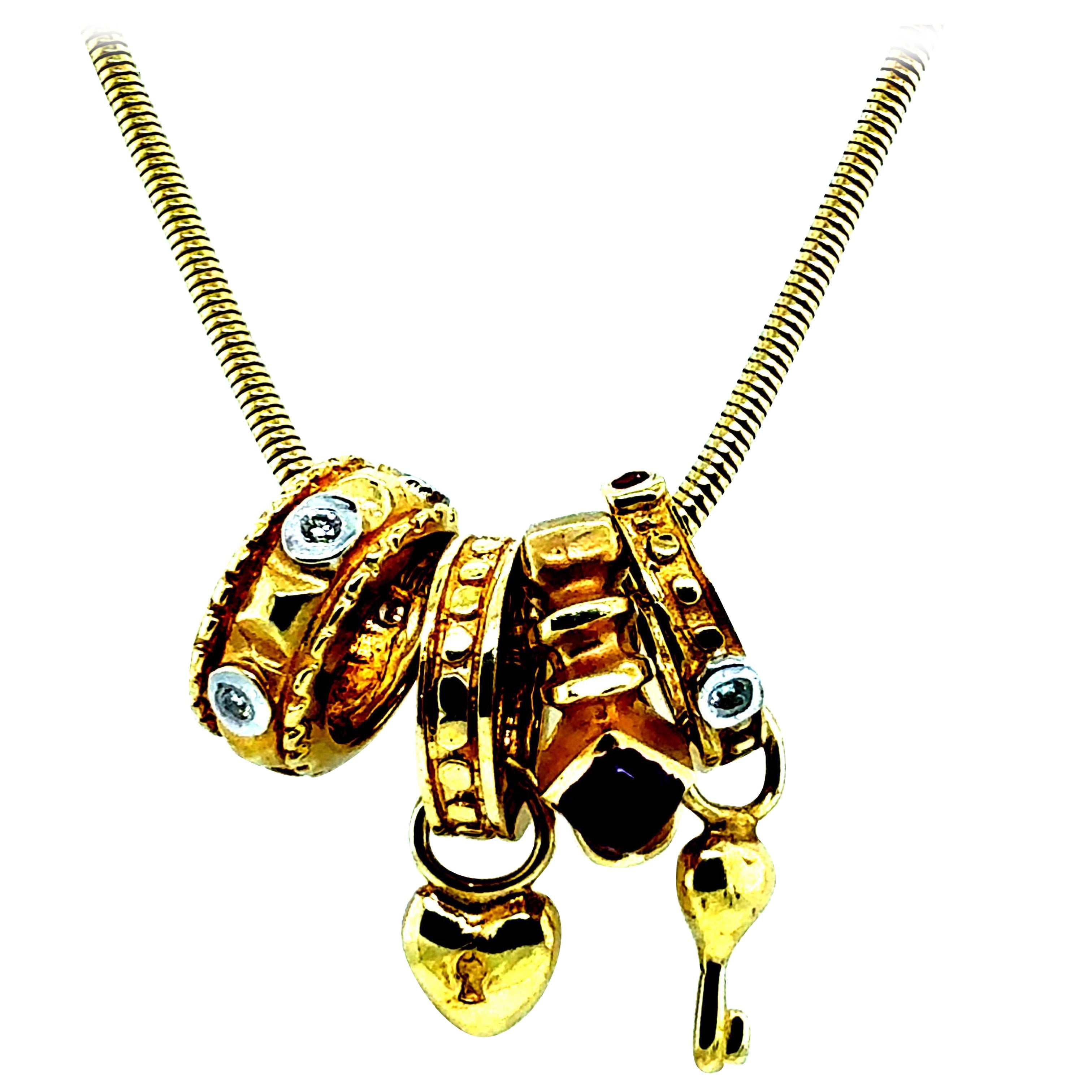 Retro Yellow Gold Designer Gemstone Charm Statement Necklace Circa 1980 For Sale