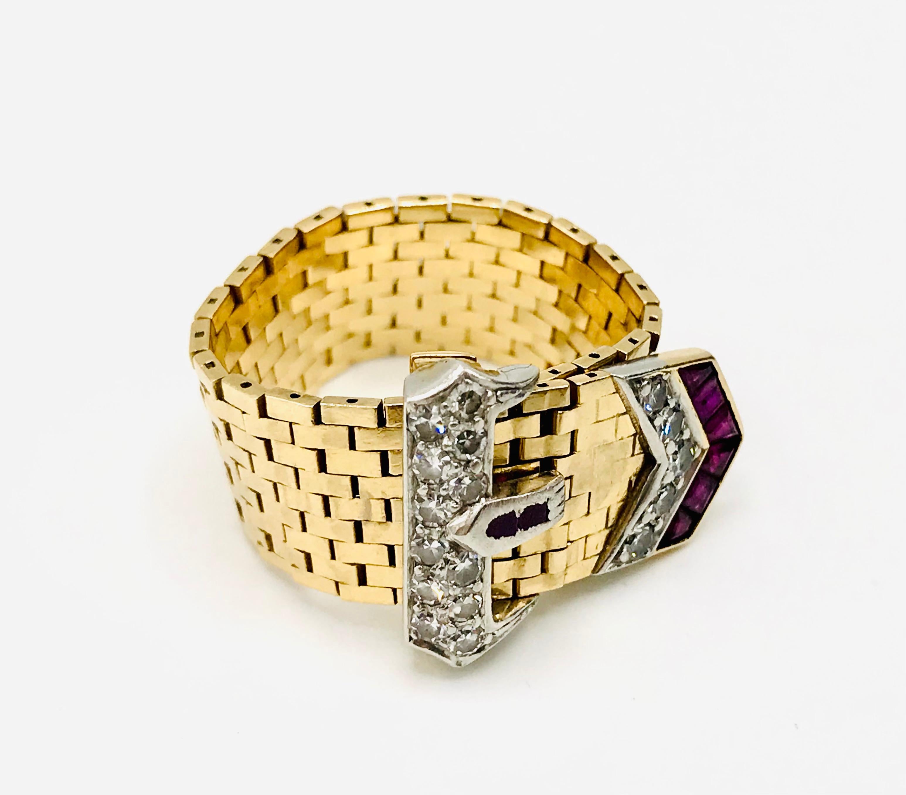 Retro Yellow Gold Diamond Ruby Enamel Buckle Ring 5