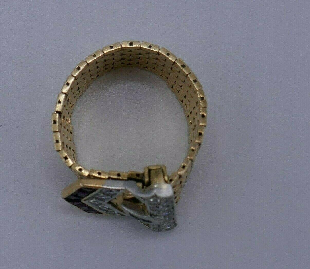 Retro Yellow Gold Diamond Ruby Enamel Buckle Ring 1