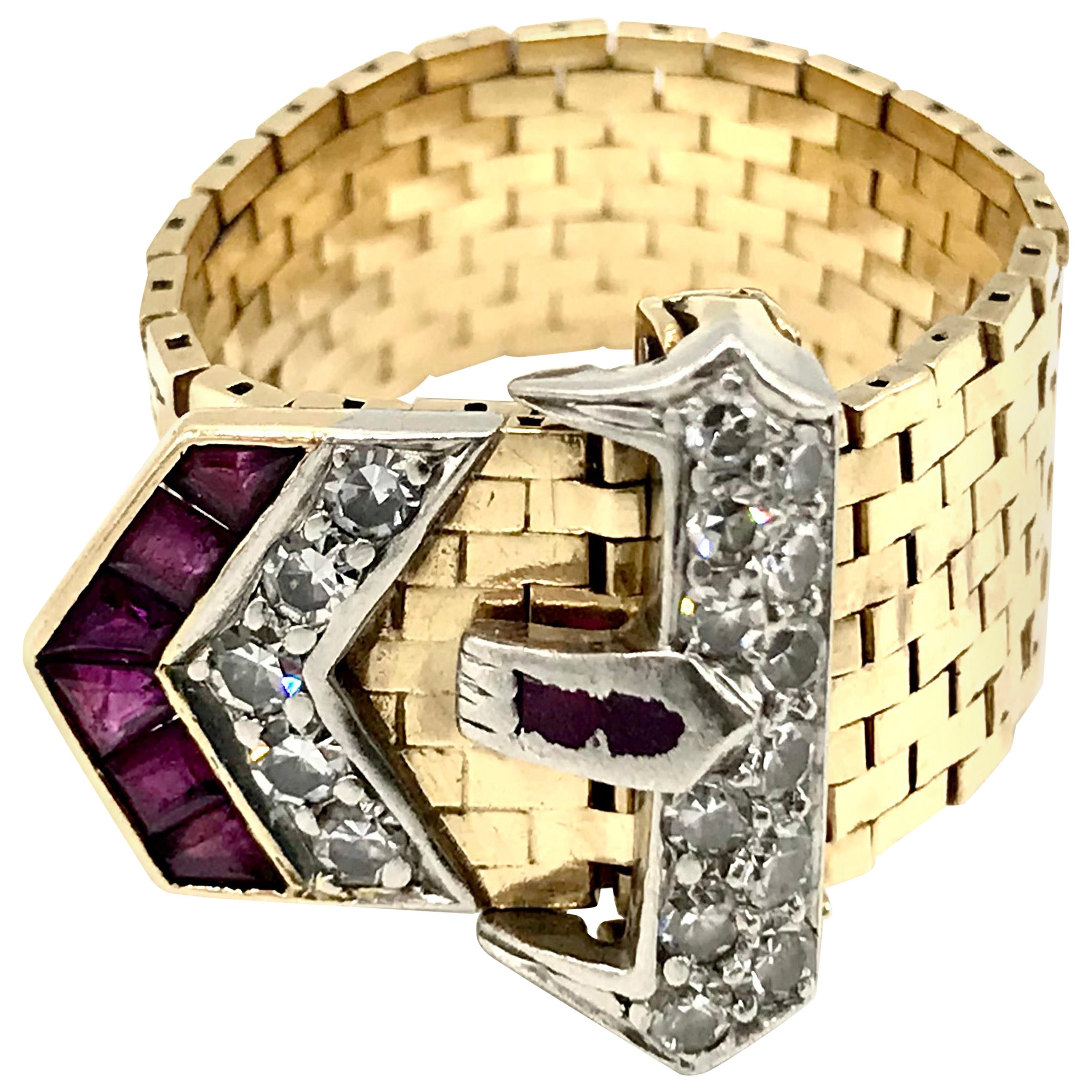 Retro Yellow Gold Diamond Ruby Enamel Buckle Ring