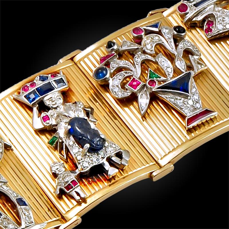 Round Cut Art Deco Large Diamond Charms Retro Gold Bracelet For Sale