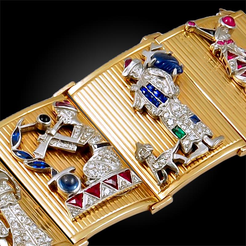 Women's Art Deco Large Diamond Charms Retro Gold Bracelet For Sale