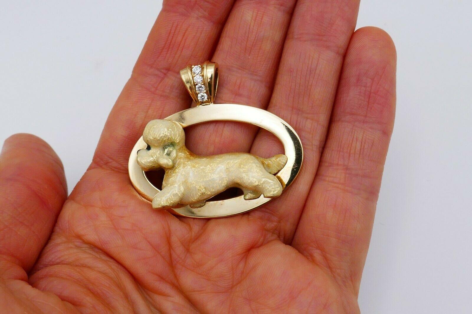 Retro Yellow Gold Enamel Diamond Maltese Dog Pendant In Excellent Condition In Beverly Hills, CA