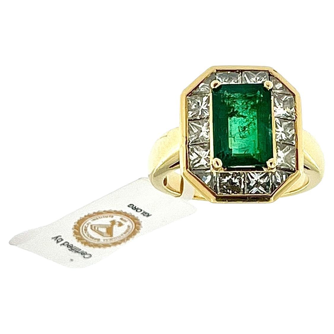 Retro Yellow Gold French Cocktail Ring with Diamonds and Emerald IGI Certified