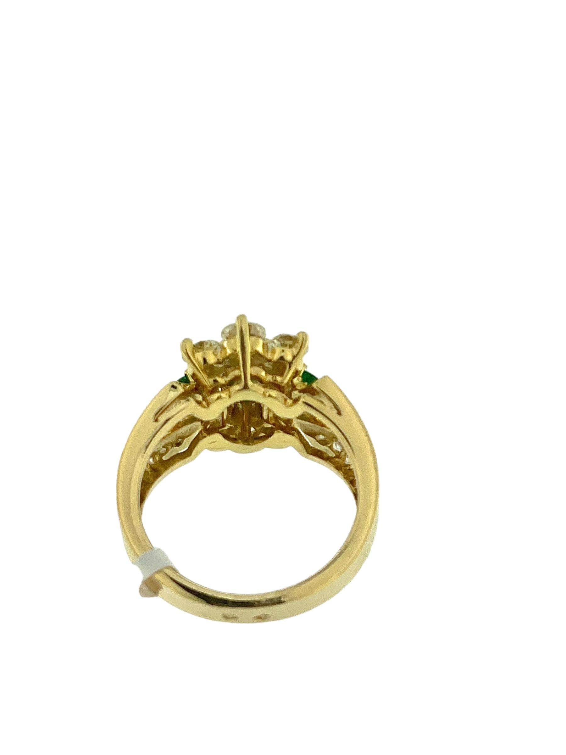 Mixed Cut Retro Yellow Gold French Cocktail Ring with Emeralds and Diamonds IGI Certified For Sale