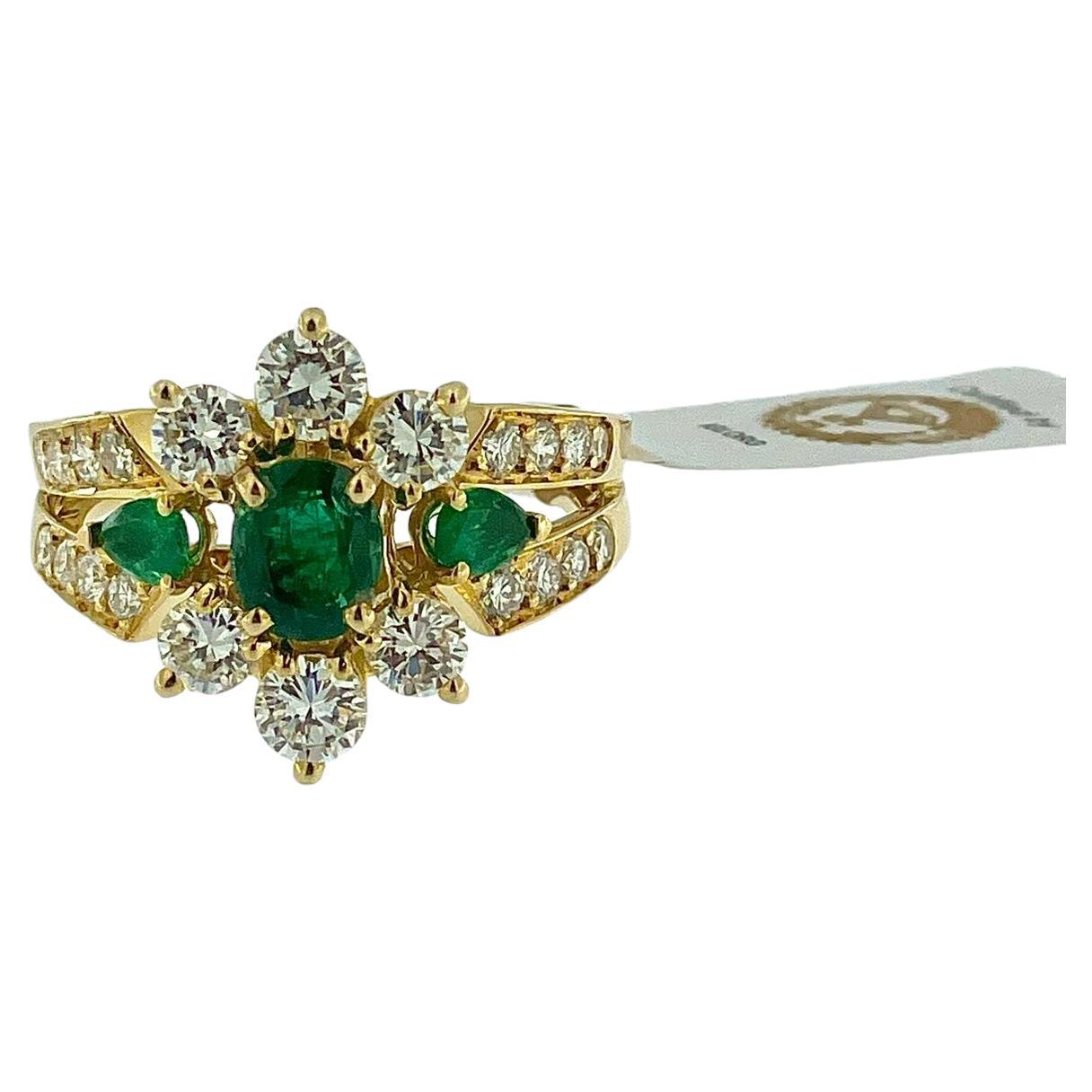 Retro Yellow Gold French Cocktail Ring with Emeralds and Diamonds IGI Certified For Sale