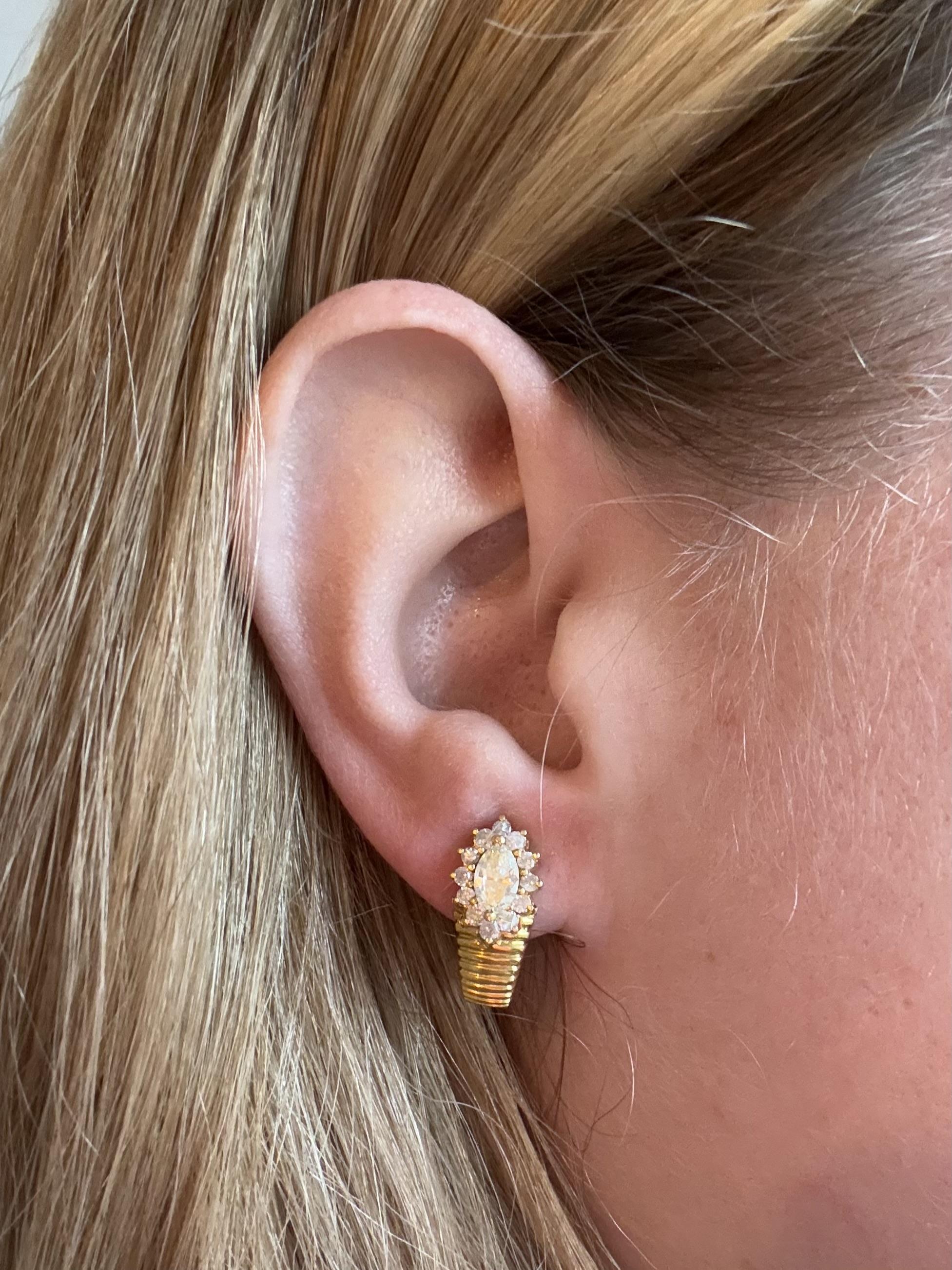 Marquise Cut Retro Yellow Gold Marquise Diamond Earrings For Sale