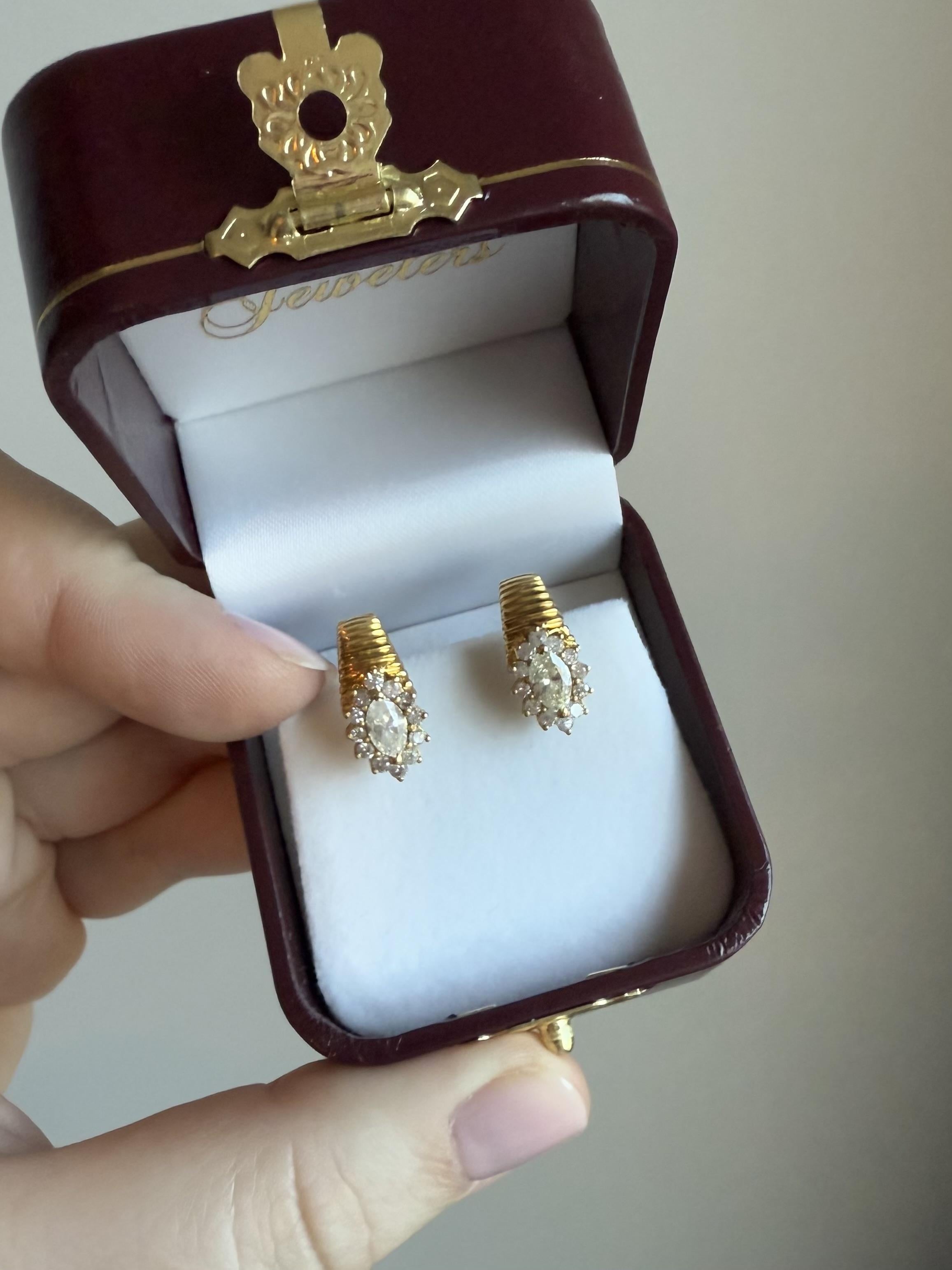 Retro Yellow Gold Marquise Diamond Earrings In Excellent Condition For Sale In Montgomery, AL