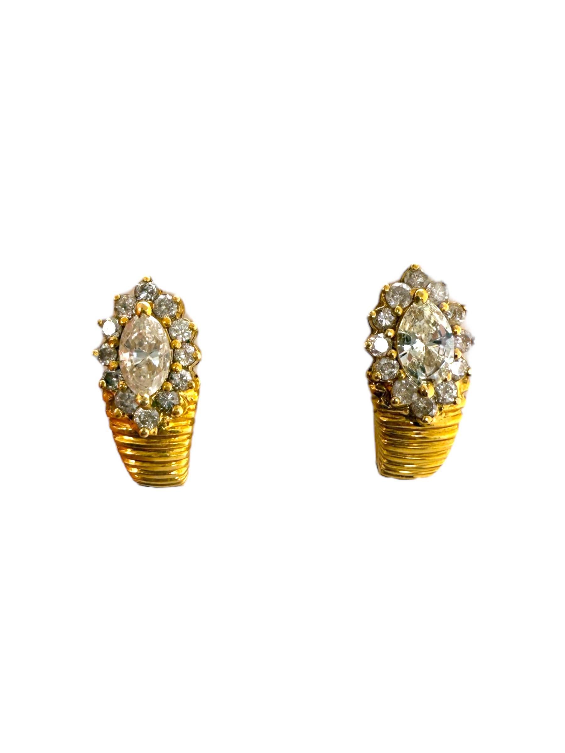 Retro Yellow Gold Marquise Diamond Earrings For Sale 1