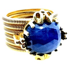 Retro Yellow Gold Natural 9 Carat Blue Rose Cut Sapphire Statement Ring