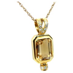 Retro Yellow Gold Natural Citrine Quartz & Diamond Statement Pendant Circa 1990