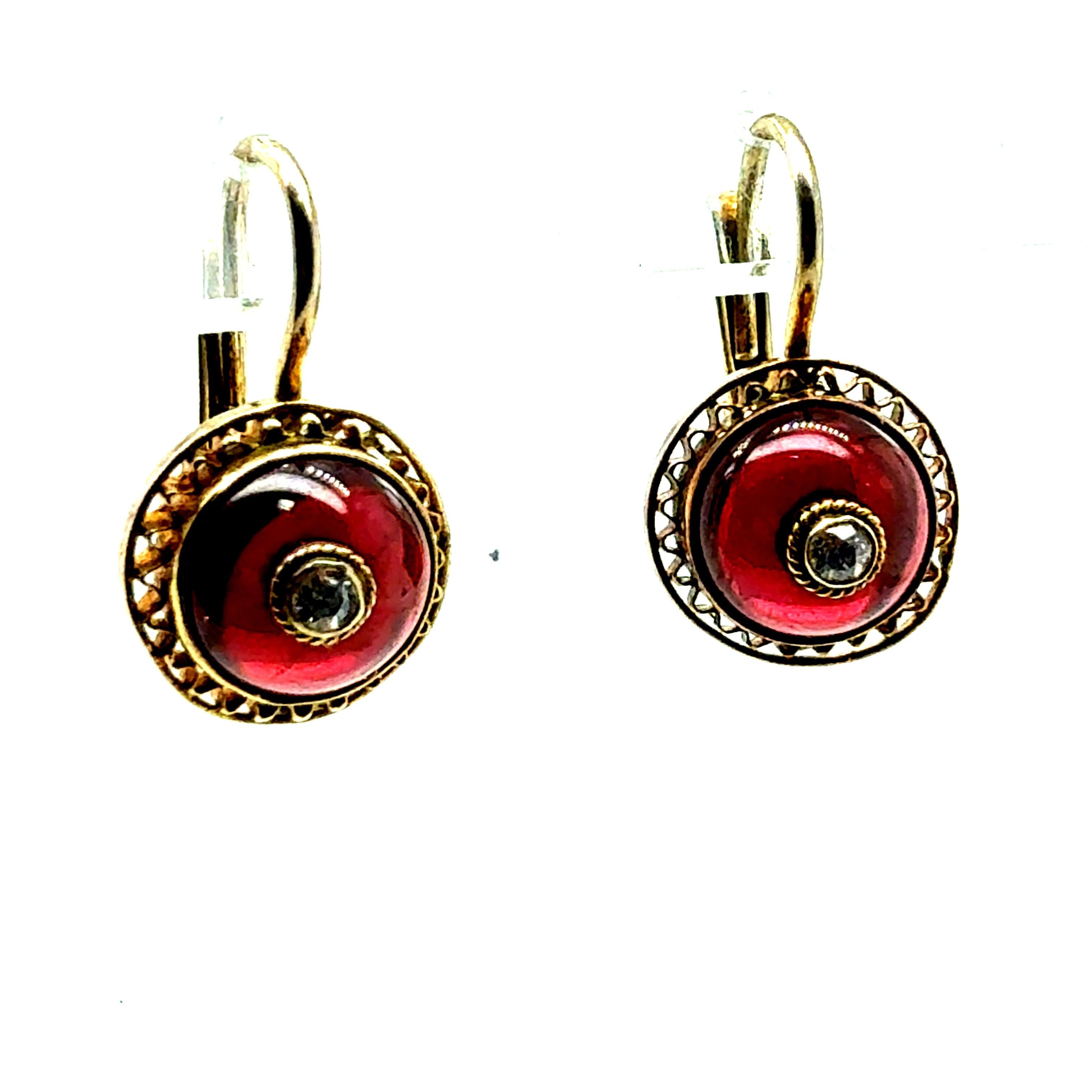 Round Cut Retro Yellow Gold Natural Diamond And Red Enamel Filigree Earrings Circa 1960 For Sale