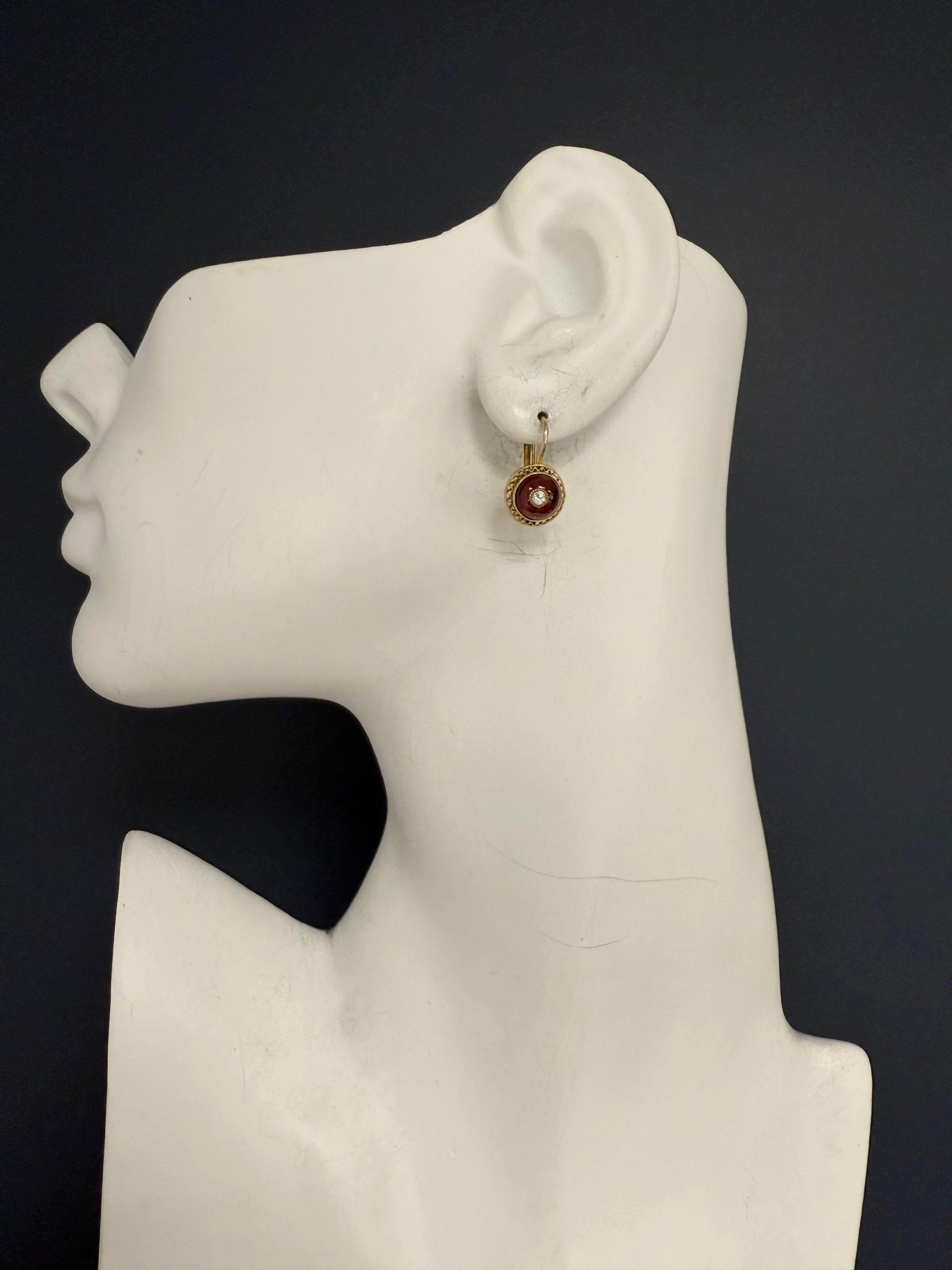 Retro Yellow Gold Natural Diamond And Red Enamel Filigree Earrings Circa 1960 For Sale 1