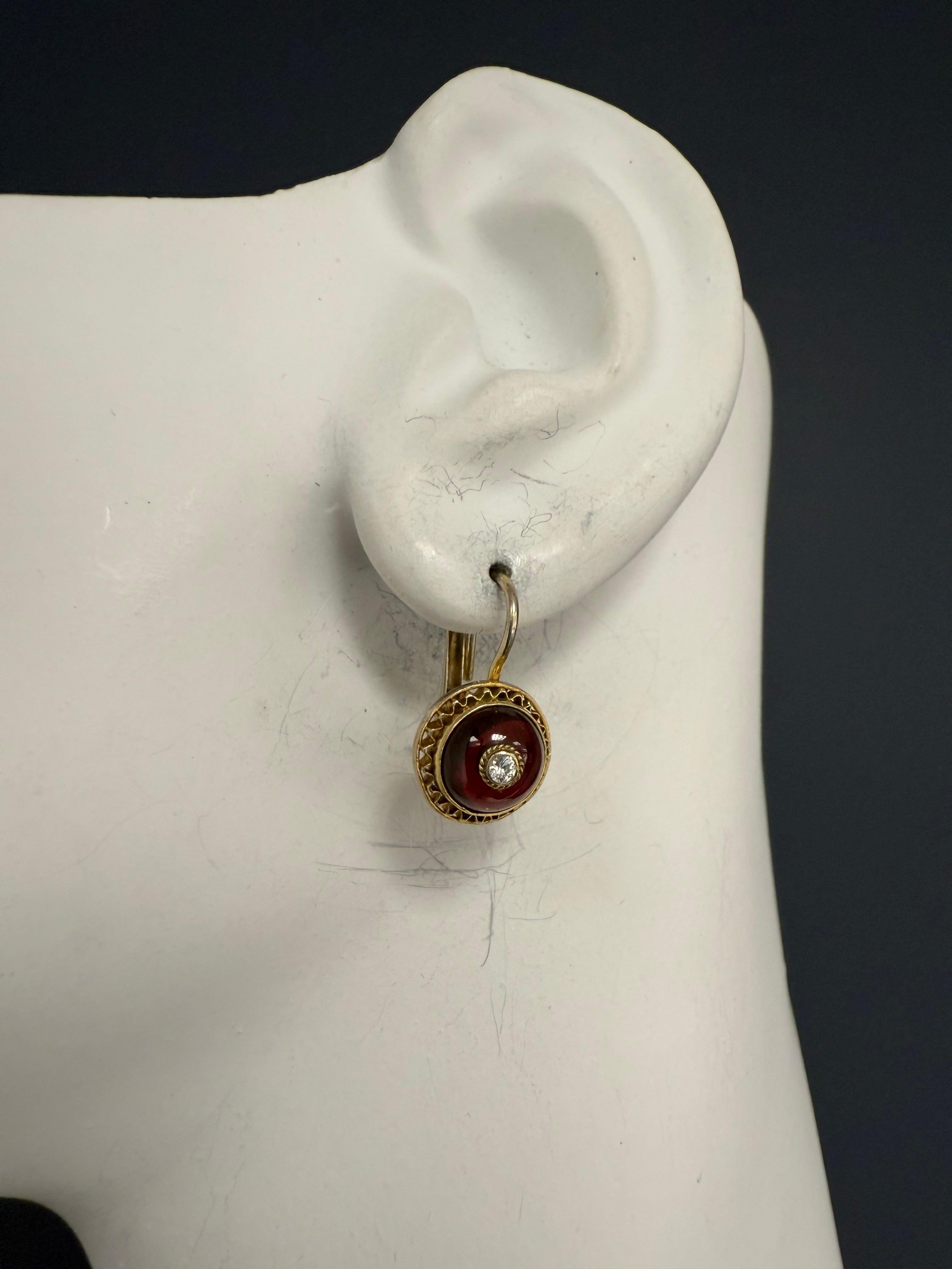 Retro Yellow Gold Natural Diamond And Red Enamel Filigree Earrings Circa 1960 For Sale 2