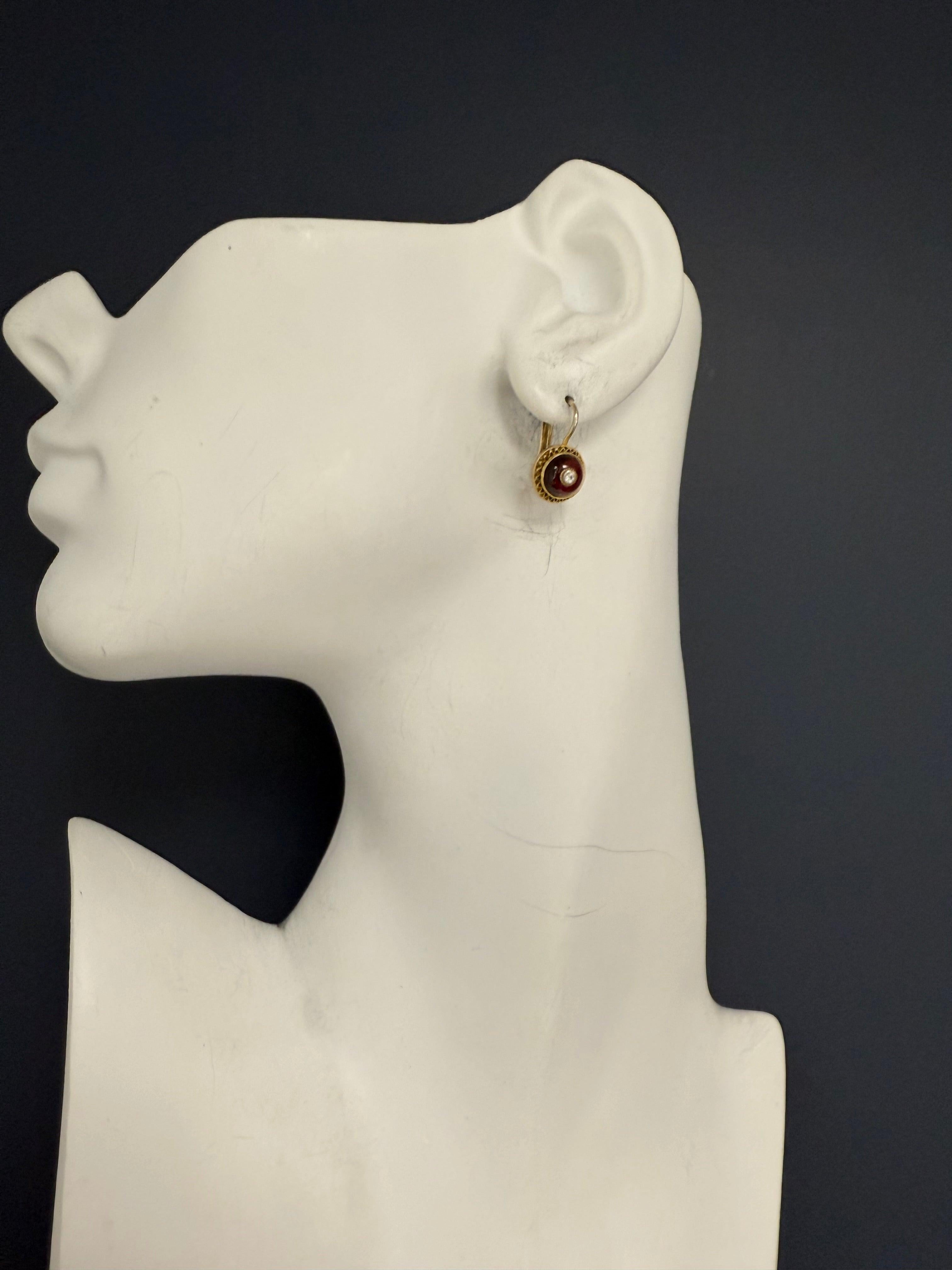 Retro Yellow Gold Natural Diamond And Red Enamel Filigree Earrings Circa 1960 For Sale 3
