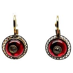 Retro Yellow Gold Natural Diamond And Red Enamel Filigree Earrings Circa 1960