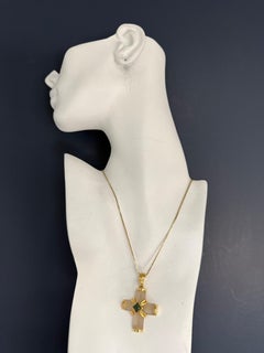 Retro Yellow Gold Natural Green Tourmaline Cab Greek Cross Statement Pendant
