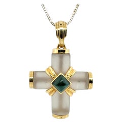 Retro Yellow Gold Natural Green Tourmaline Cab Greek Cross Statement Pendant