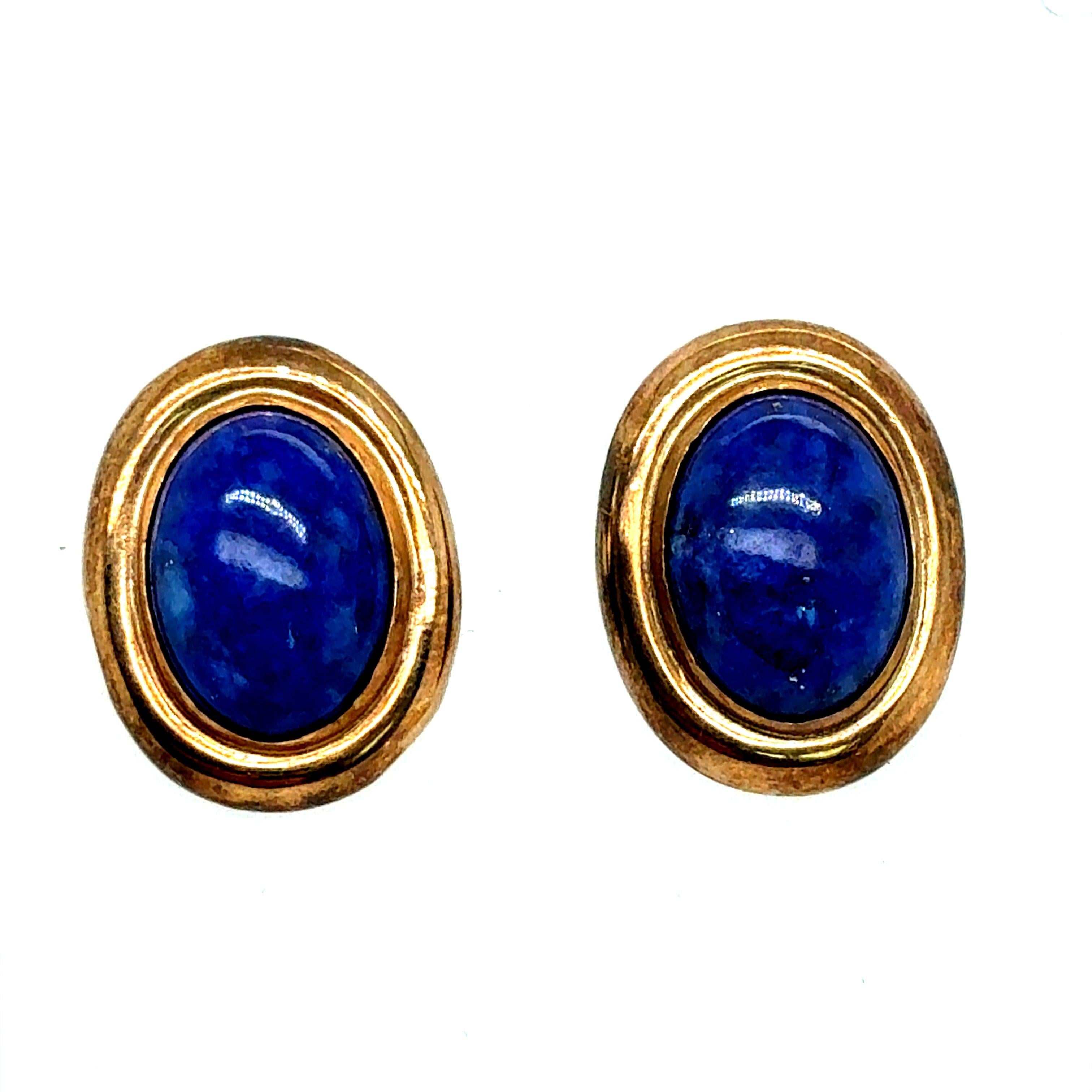 Retro Yellow Gold Oval Blue Lapis Lazuli Cabochon Statement Earrings Circa 1970 For Sale 3