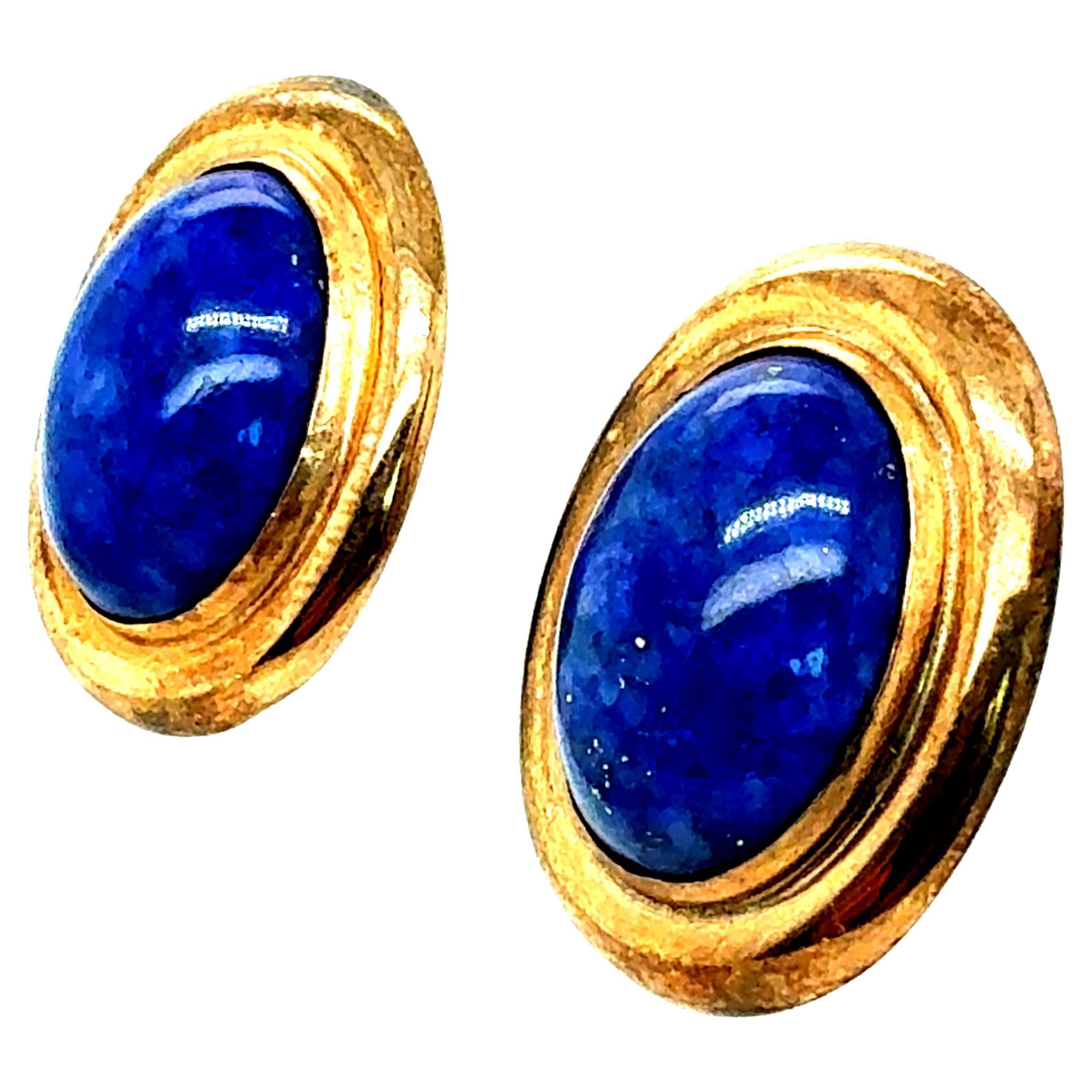 Retro Yellow Gold Oval Blue Lapis Lazuli Cabochon Statement Earrings Circa 1970 For Sale