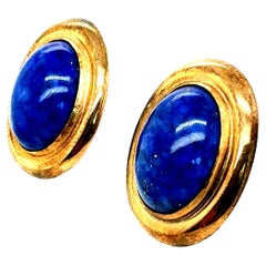 Retro Yellow Gold Oval Blue Lapis Lazuli Cabochon Statement Earrings Circa 1970