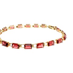 Retro Yellow Gold Reddish Garnet-Like Emerald Cut Tennis Bracelet