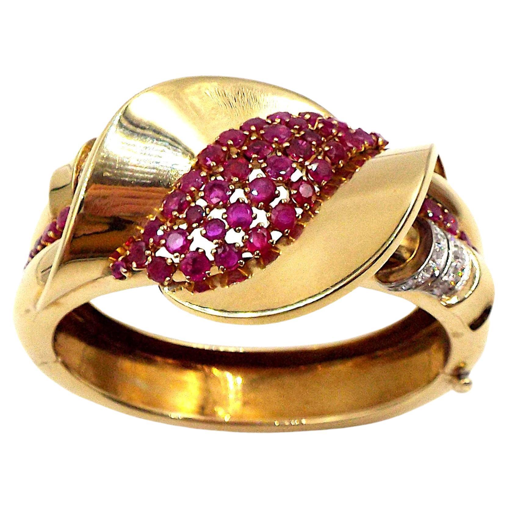 Retro Yellow Gold Ruby Diamond Bangle Bracelet For Sale