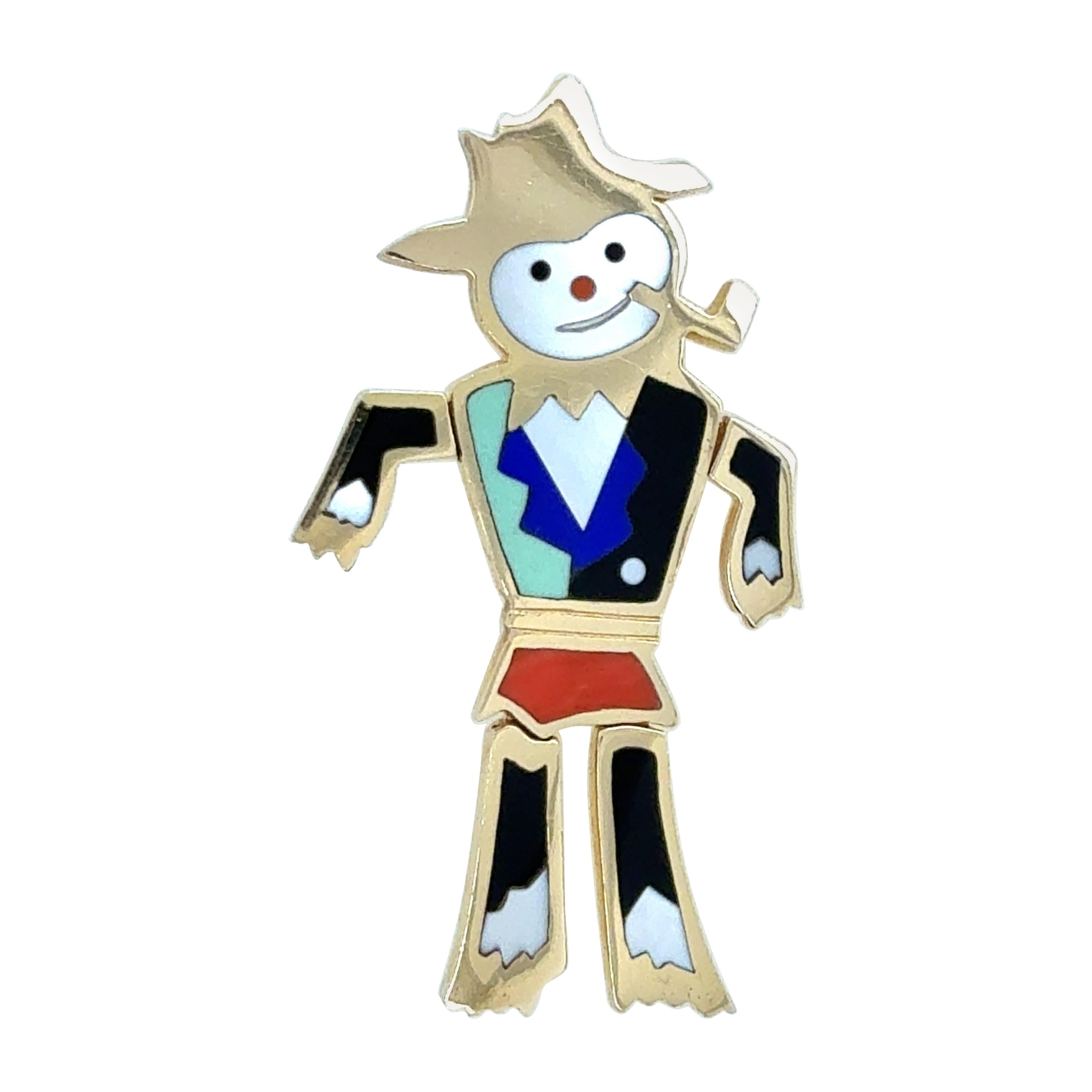 Retro Broche Bonhomme de neige en or jaune Lapis Onyx MOP Inlay Circa 1990