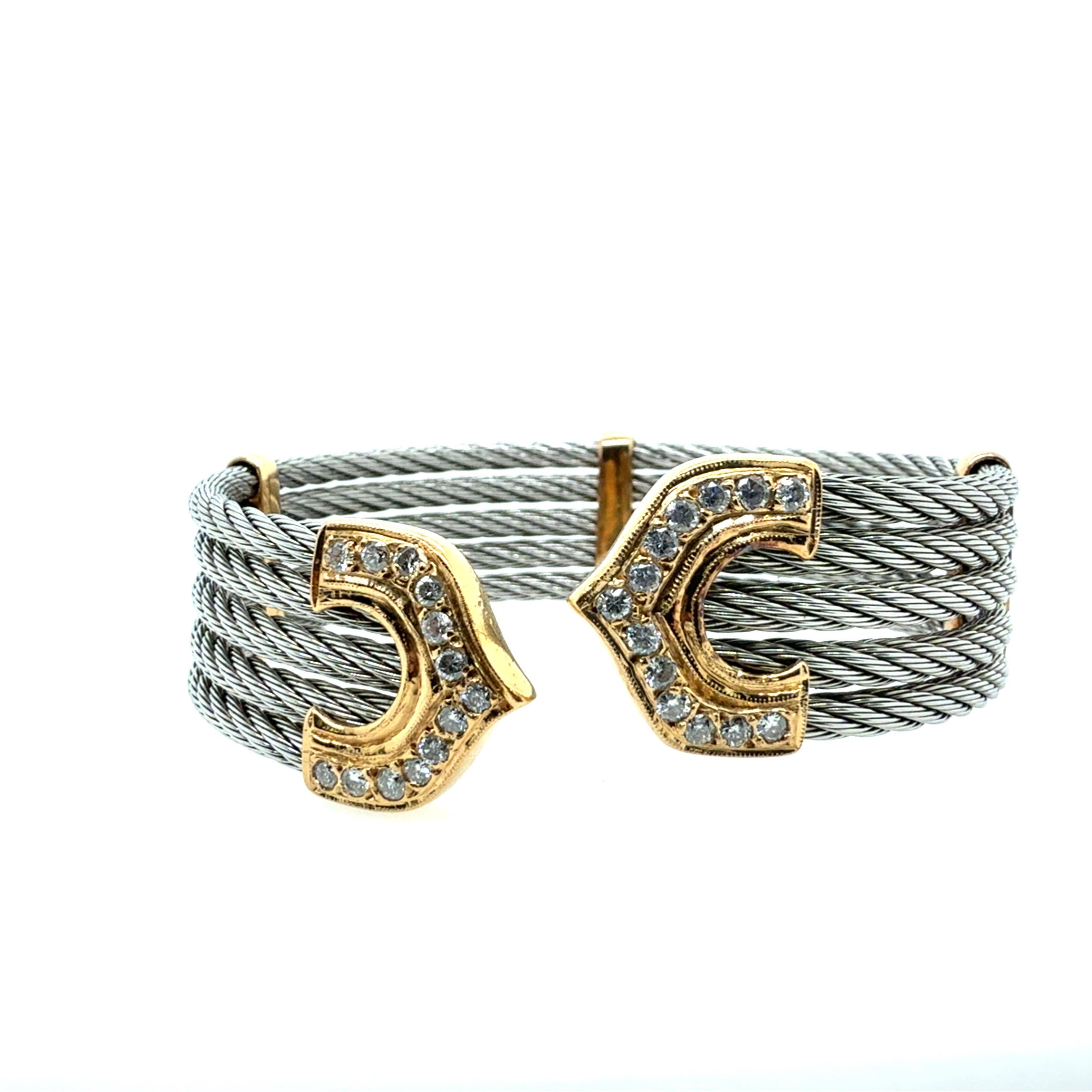 Brazalete flexible retro de oro amarillo y acero con diamante natural de 0,50 quilates Italia 1990 Corte redondo en venta