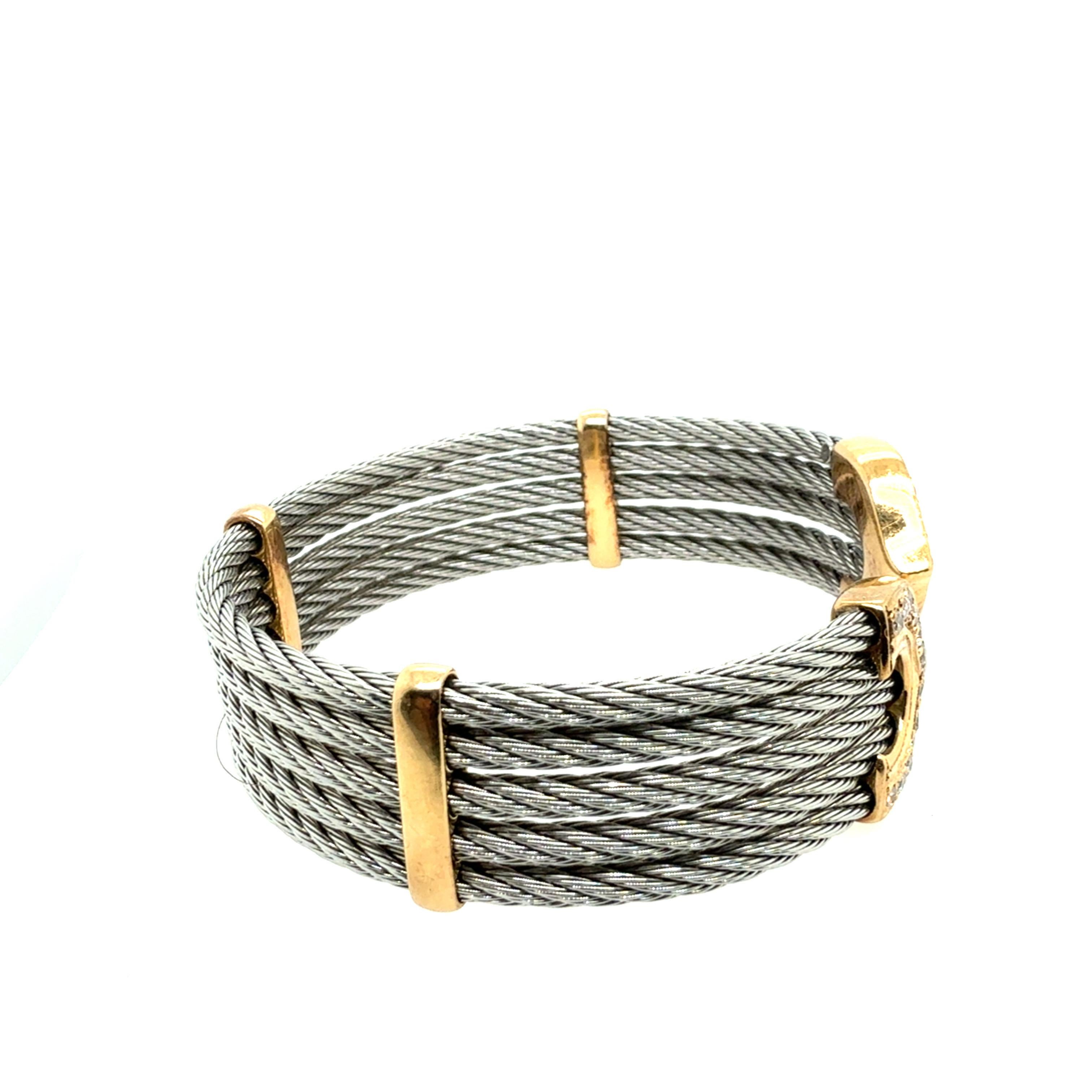 Brazalete flexible retro de oro amarillo y acero con diamante natural de 0,50 quilates Italia 1990 en venta 1